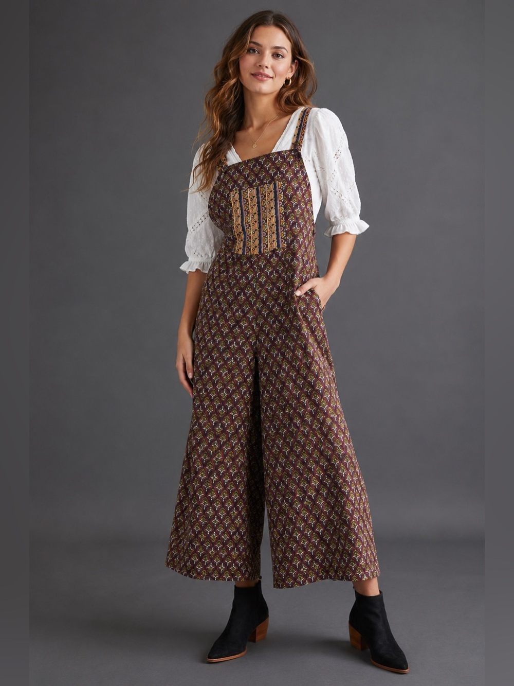 Anthropologie Let Me Be Cotton Printed Wide Leg Overalls Jumpsuit Women’s